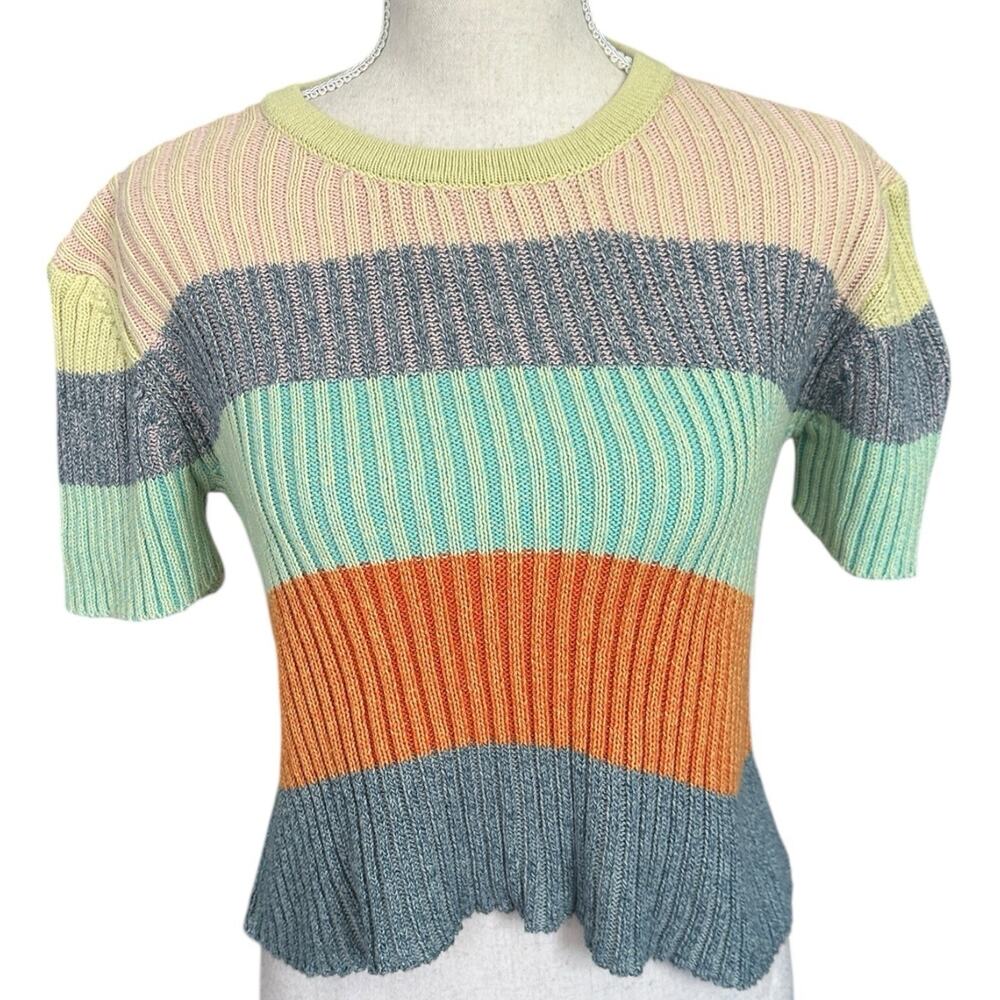 Women’s XS Colorblock Striped Ribbed Knit Sweater Top Short Sleeve Retro Y2K‎